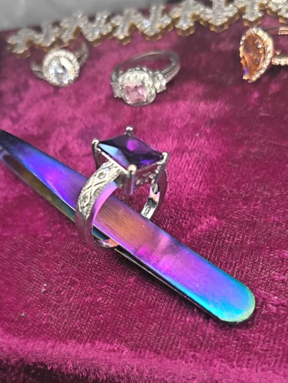 Vintage Style 925 Sterling Silver Emerald Cut Purple Stone Cocktail Ring Filigre
